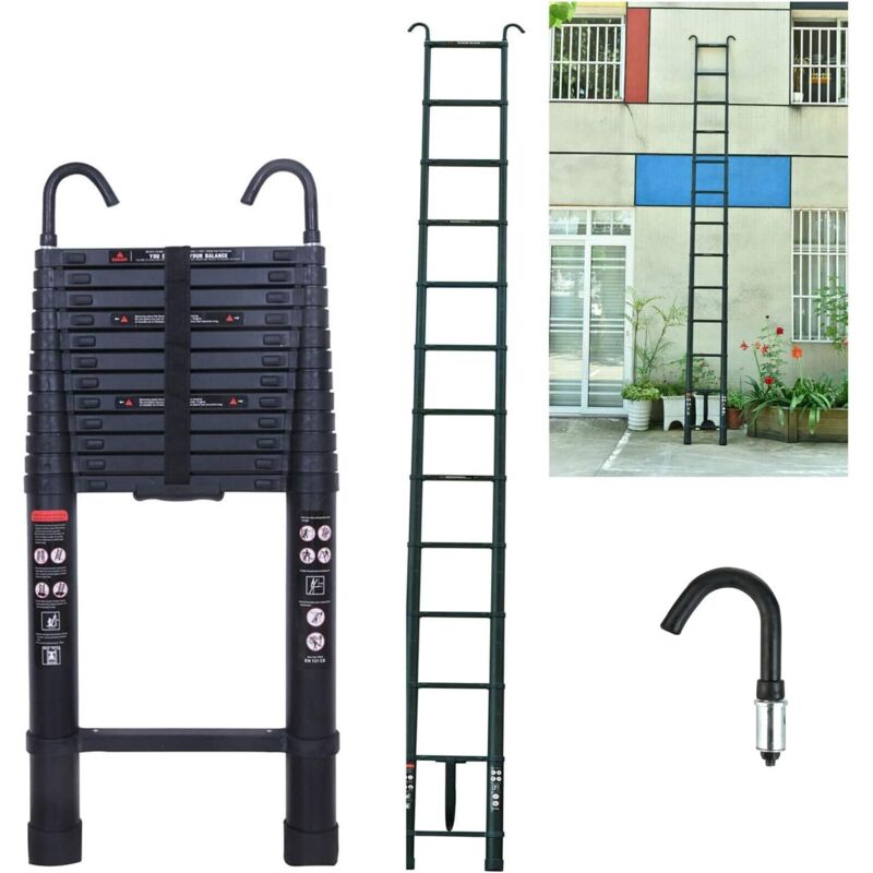 Échelle télescopique multifonction de 5 m avec crochet amovible en aluminium antidérapant extensible et robuste 150 kg - Charge maximale (noir)
