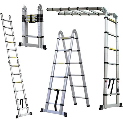 Échelle télescopique pliable en aluminium – 6 marches – Charge maximale 150 kg – Longueur déployée 3,8 m – Antidérapante EN131