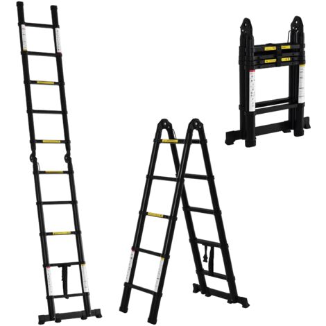 Échelle télescopique pliante à 10 marches pour une utilisation intérieure et extérieure, échelle extensible en aluminium et métal, 320 x 67 x 7 cm, noire