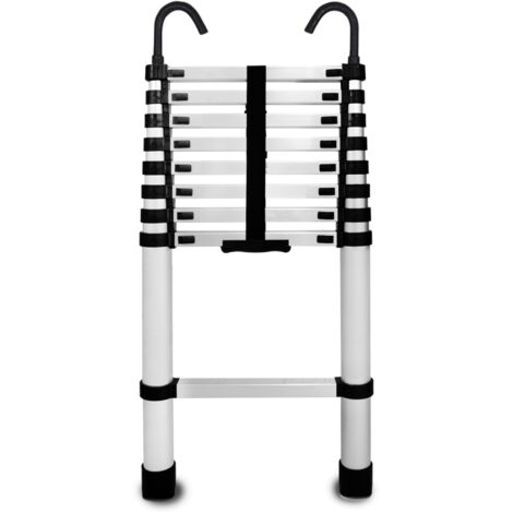 Échelle télescopique pliante en aluminium 9 marches avec butées et avec crochets – longueur 2,6 m.