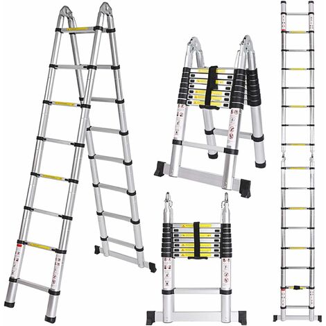 Échelle Télescopique Portable et Pliante Échelle Escamotable En Aluminium Noir, Charge 150 kg - 5M (2,5M + 2,5M) - 5.0M