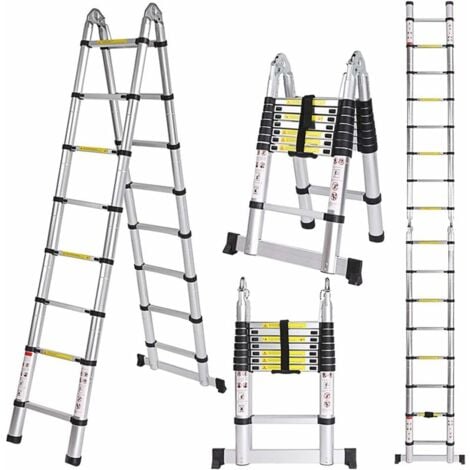 STOEX Échelle Télescopique Portable et Pliante Échelle Escamotable En Aluminium Noir, Charge 150 kg - 3,8M (1,9M + 1,9M)