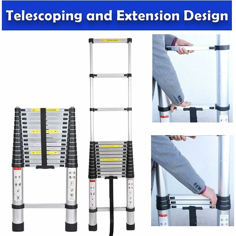 Dayplus - chelle télescopique robuste de 4,4 m - En aluminium - Échelle télescopique - Escabeau pliable pour norme de sécurité polyvalente EN131