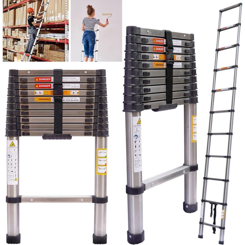 Hsha - chelle télescopique télescopique de 3,2 m - Échelle Pliable de 3,2 m - Échelle Pliable Extensible compacte pour la Maison l'extérieur