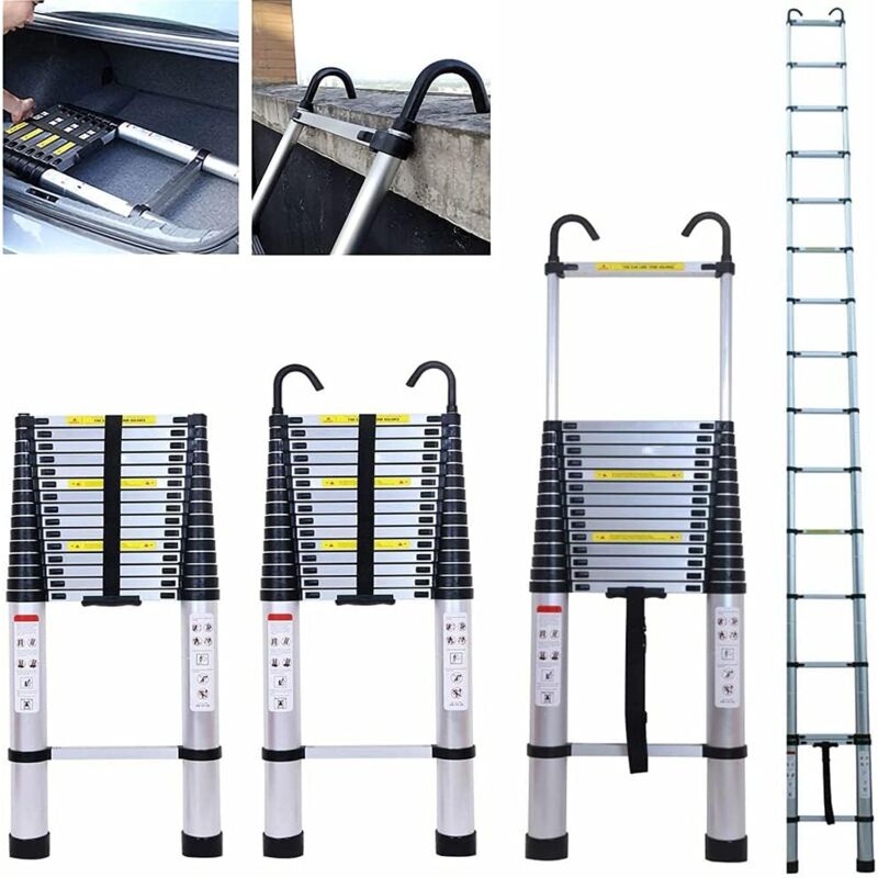 Chelle télescopique télescopique en aluminium de 6,2 m - Avec crochet amovible - Antidérapant - Multifonction - Extensible - Échelle portable - Pour