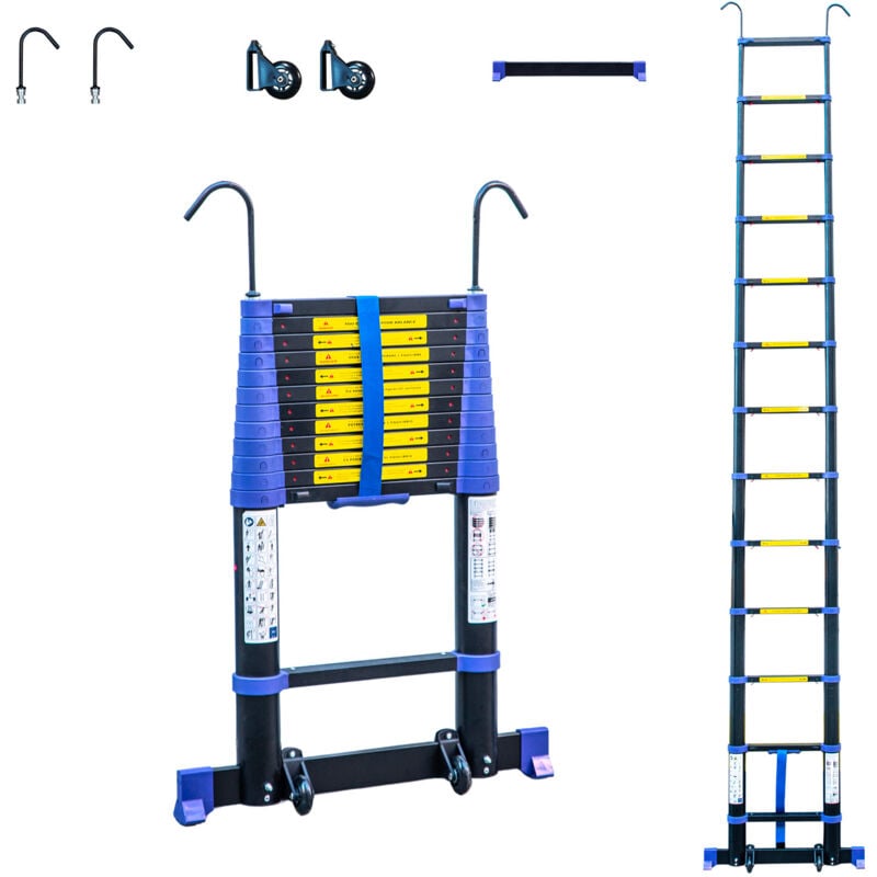 Echelle telescopique 3,8m TELESCOVA12+, Aluminium, Pliable, Extensible, Multi-fonction, Hauteur de travail max 4,7m, Crochets Amovibles, Garantie 5ans