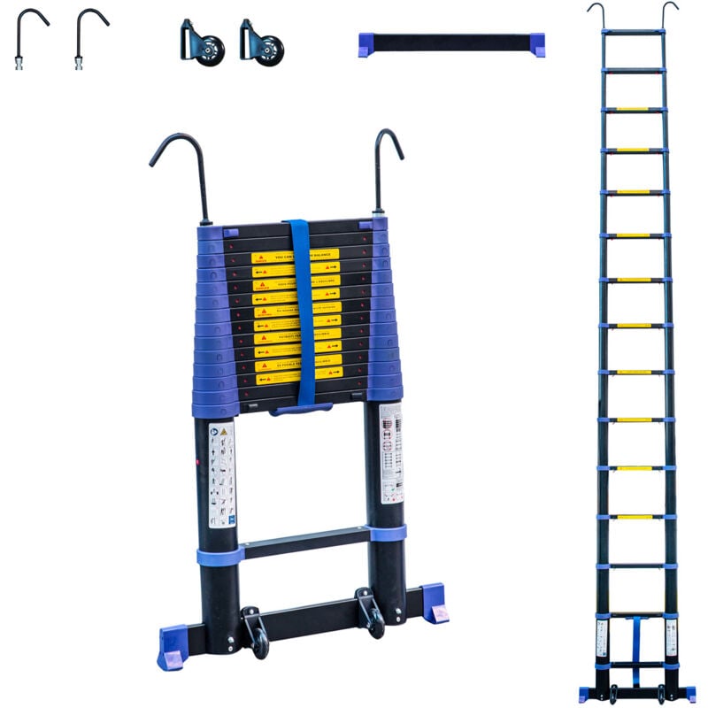 Echelle telescopique 4,4m TELESCOVA14+, Aluminium, Pliable, Extensible, Multi-fonction, Hauteur de travail max 5,3m, Crochets Amovibles, Garantie 5ans