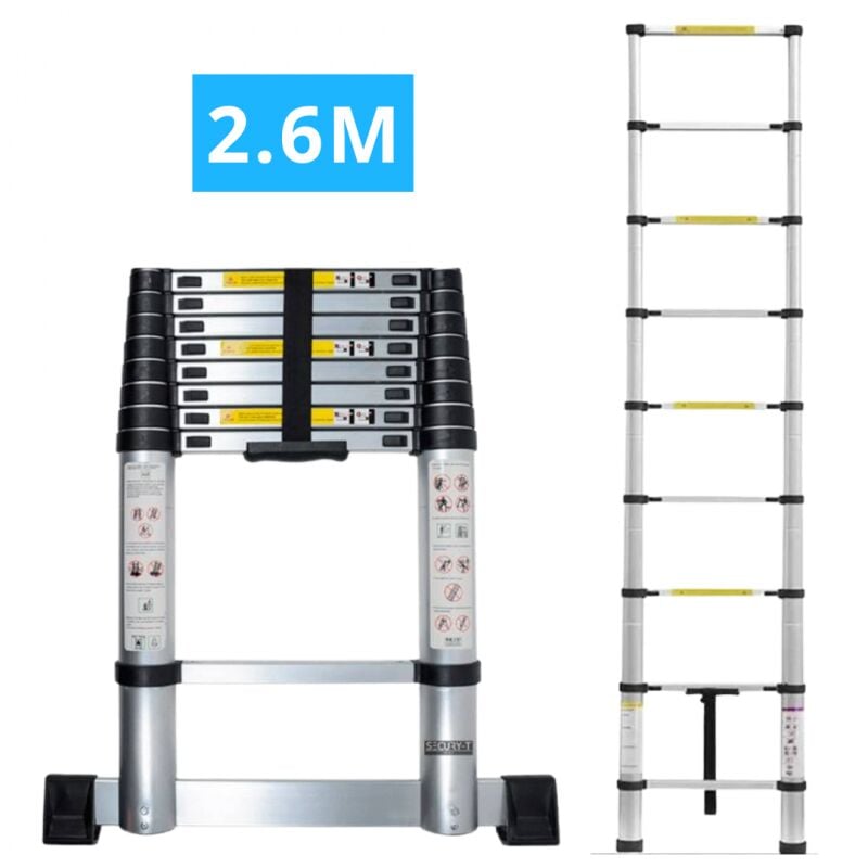 Echelle télescopique aluminium 9 marches h 2,6M avec barre stabilisatrice Secury-t