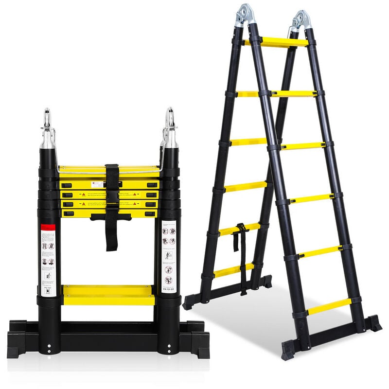 Echelle Télescopique jusqu'à 150 kg Escabeau stable en aluminium Multi-Fonction 1,9+1,9 m Jaune + noir
