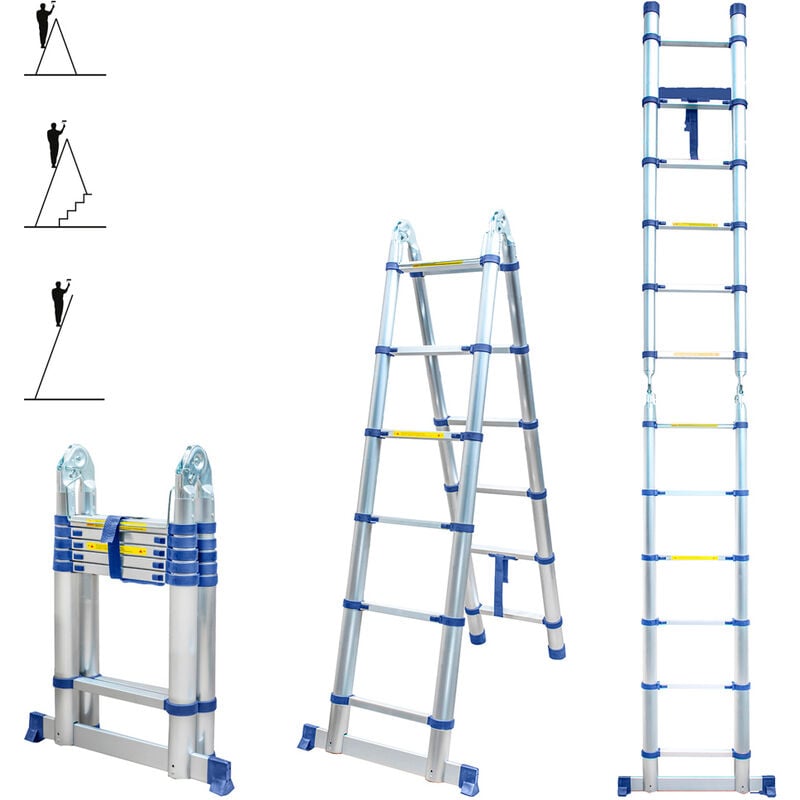 Echelle télescopique articulée 3,8m stempakt, escabeau 2x6 marches pliable professionnel multifonction, h max travail 4,7m, Garantie 5 ans Hoström