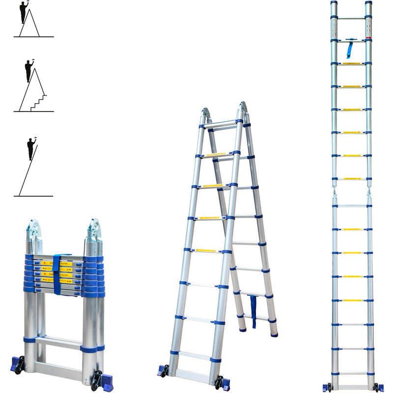 Echelle télescopique articulée 5m stempakt, escabeau 2x8 marches pliable professionnel multifonction, hauteur travail max 5,9m, garantie 5 ans Hoström