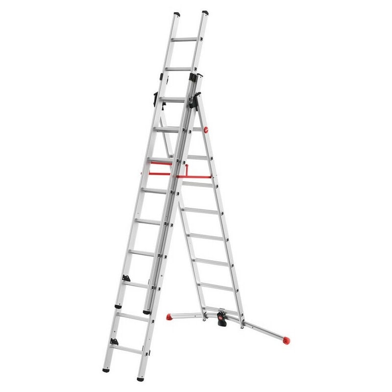 Hailo - Echelle 3 plans Profilot transformable 3x9 marches alu, 6,60m, rattrapage de niveau 15cm en pente, position escabeau et escalier, usage