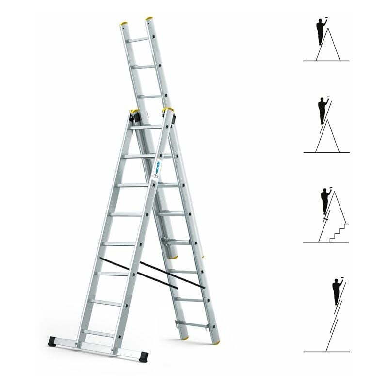 Hoström - Echelle transformable 3 plans StablePro 3x8 marches aluminium extensible coulissante, 6 positions, hauteur travail max 5,05m, garantie 5
