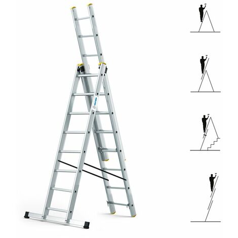 Echelle transformable 3 plans StablePro, extensible coulissante et en aluminium, 3x8 marches, 6 positions, hauteur travail max 5,05 m, garantie 5 ans, charge maximale 150kg, Hostrom