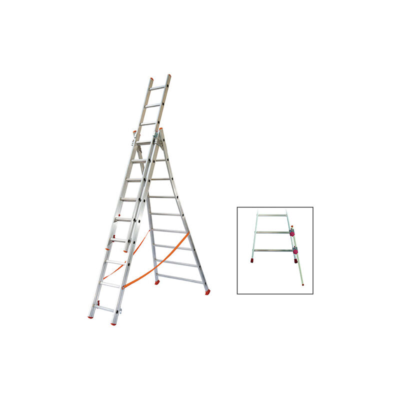 Echelle transformable 3x12 barreaux - Longueur déployée 7,90m - Sol plat ou escalier - ATL350-3/BR