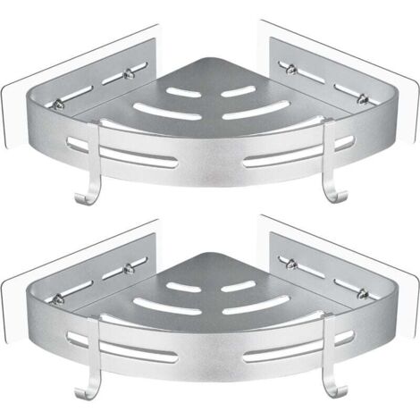 Eck-Duschregal ohne Bohren, Luftfahrt-Aluminium, mit 2 Haken für Dusche, rostfrei, Halterung, selbstklebend, für Badezimmerartikel, 2 Stück (Silber)