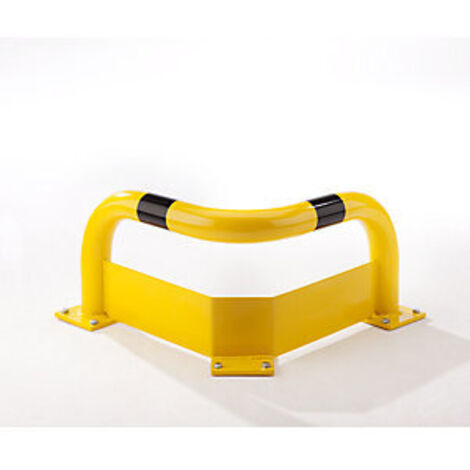 Eck-Rammschutz-Bügel, mit Unterfahrschutz, Rundrohr 76/3 mm, zum Aufdübeln, Innenbereich, Farbe gelb/schwarz, BxTxH 600x600x350 mm