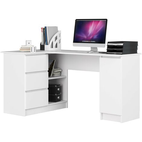 Eck-Schreibtisch B-20 mit 3 Schubladen, 2 Ablagen und einem Regalfach mit Tür | Schreibtisch | ecktisch | Eck Schreibtisch für Home Office | Einfache Montage | B155 x H77 x T85, 60 kg Weiß