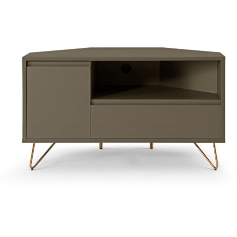 DYNAMIC24 SalesFever Eck TV-Lowboard mit Schublade, Klappfach und offenem Fach, TV Board aus MDF, Beine aus Metall mit Messinglegierung