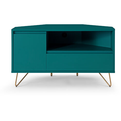 DYNAMIC24 SalesFever Eck TV-Lowboard mit Schublade, Klappfach und offenem Fach, TV Board aus MDF, Beine aus Metall mit Messinglegierung