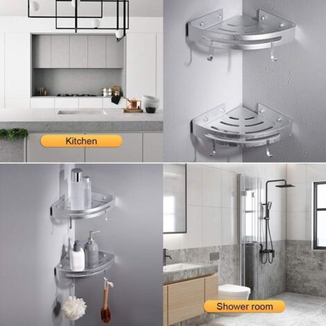 Eckduschablage – 2-teilig – kein Bohren erforderlich – bohrfreies Badezimmerregal, Duschkorb, wandmontierter, selbstklebender Duschhalter aus Aluminium, Shampoo-Organizer (t