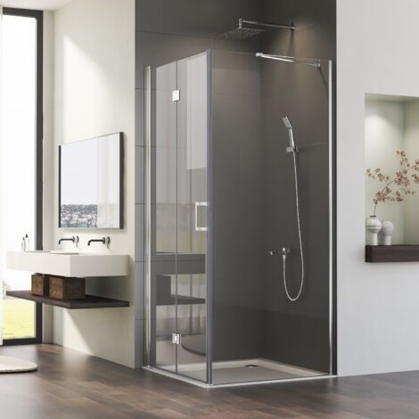 Eckeinstieg Duschkabine 80x90x195cm Falttür mit Seitenwand Duschabtrennung Dusche mit festem Seitenteil Faltbar Duschkabine aus 6mm Nano ESG Sicherheitsglas