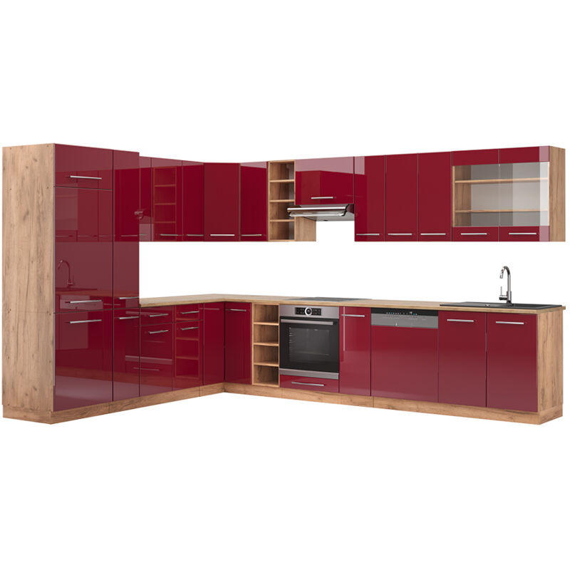 Vicco - Eckküche Fame-line, Bordeaux Hochglanz/goldkraft Eiche, 347 X 257 Cm , Ap Eiche
