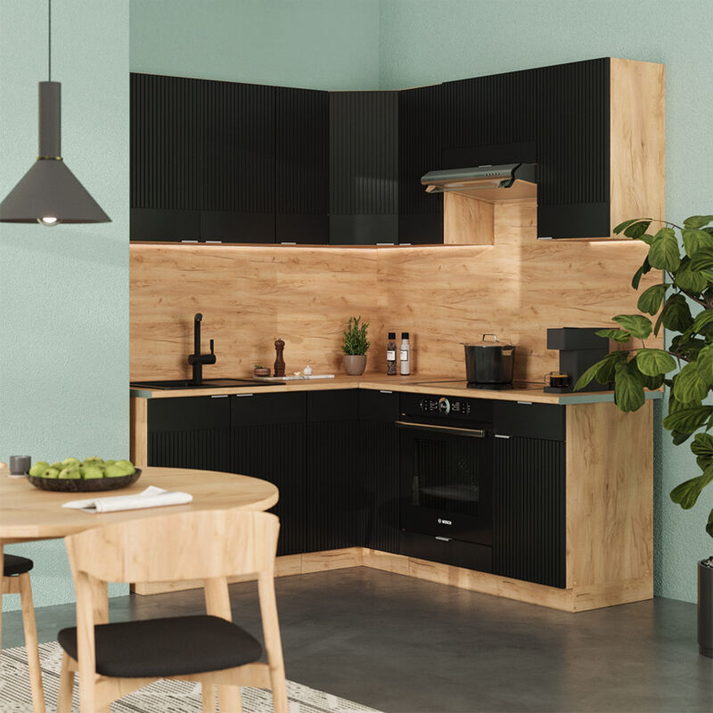 Eckküche Fame-line, Schwarz Gestreift/goldkraft Eiche, 160 X 60 Cm Ohne Arbeitsplatte, Vicco