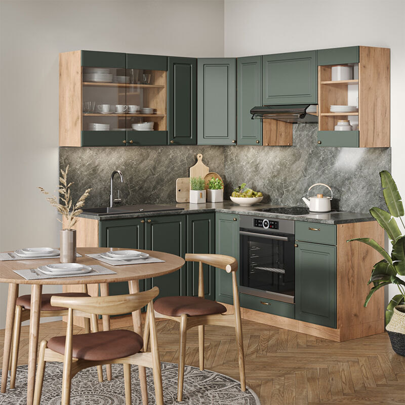 Vicco - Eckküche Fame-line, Grün-gold Landhaus/goldkraft Eiche, 160 X 60 Cm Ohne Arbeitsplatte