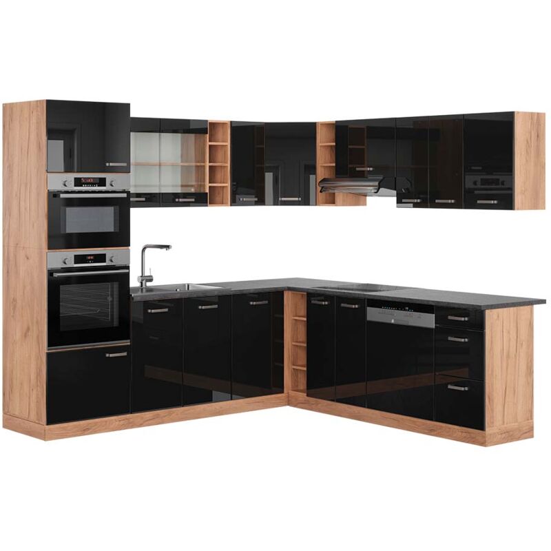 Vicco - Eckküche R-line, Schwarz Hochglanz/goldkraft Eiche, 237 X 247 Cm , Ap Anthrazit