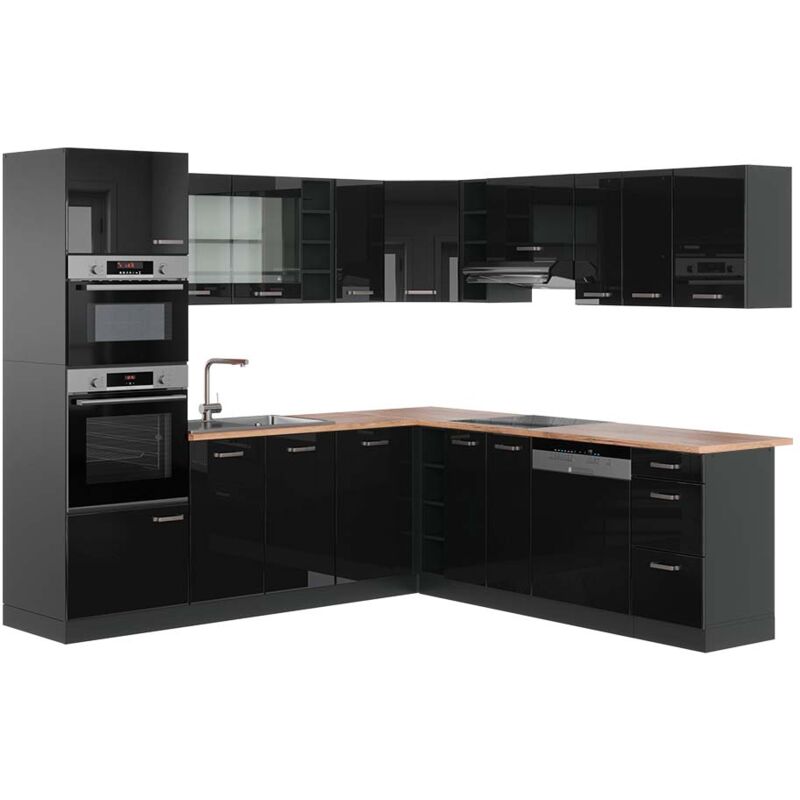 Vicco - Eckküche R-line, Schwarz Hochglanz/anthrazit, 237 X 247 Cm , Ap Eiche