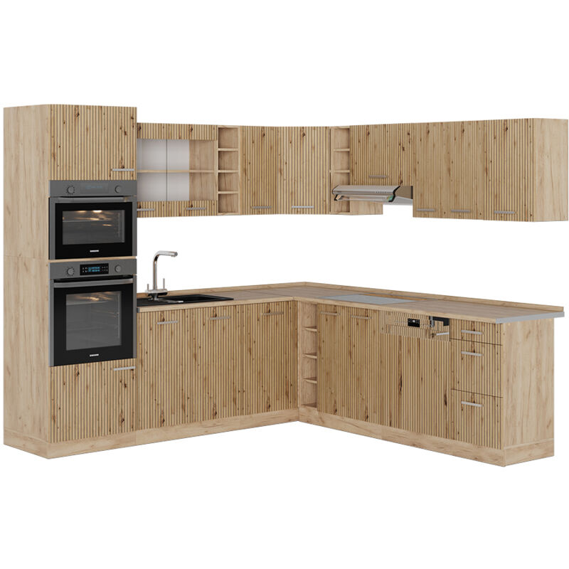 Eckküche R-line, Artisan-eiche/goldkraft Eiche, 237 X 247 Cm Ohne Arbeitsplatte, Vicco