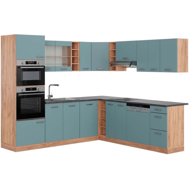 Vicco - Eckküche R-line, Blau-grau/goldkraft Eiche, 237 X 247 Cm , Ap Anthrazit