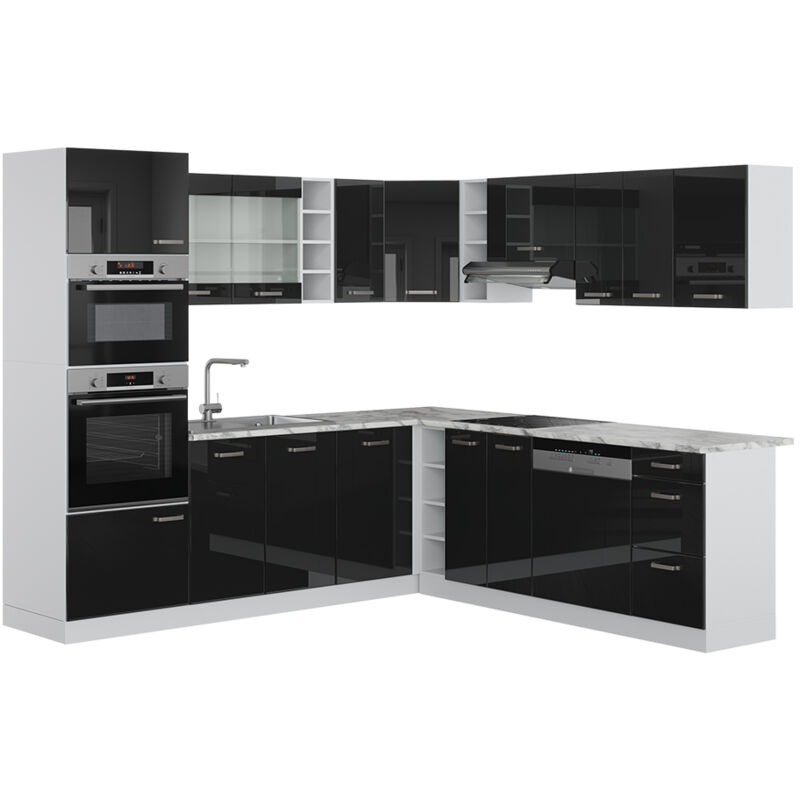 Vicco - Einbauküche In L-form R-line, Schwarz Hochglanz, 237 X 60 Cm , Ap Marmor