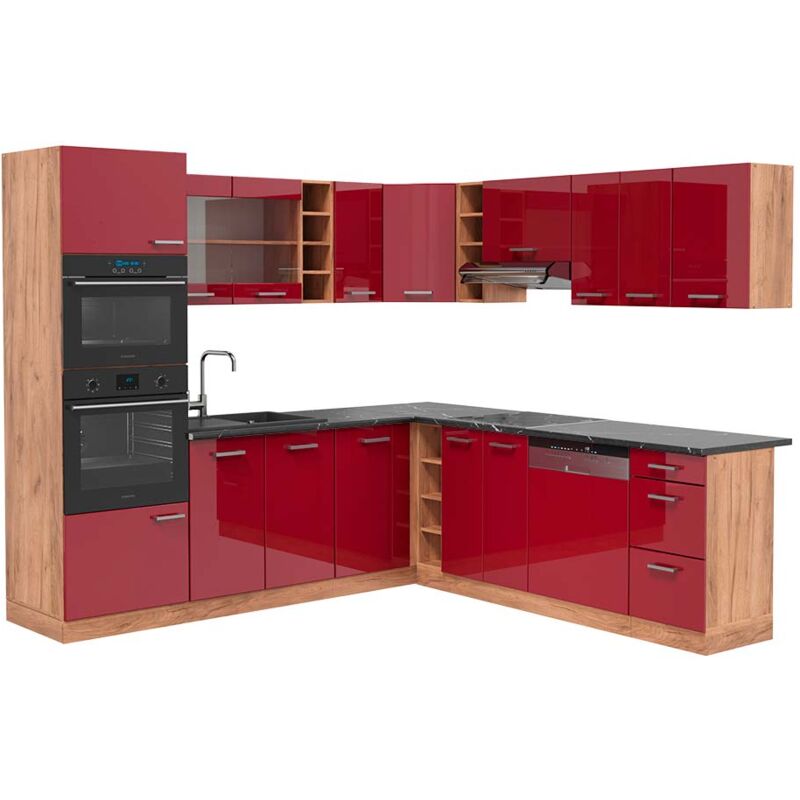 Vicco - Eckküche R-line, Bordeaux Hochglanz/goldkraft Eiche, 237 X 247 Cm , Ap Anthrazit