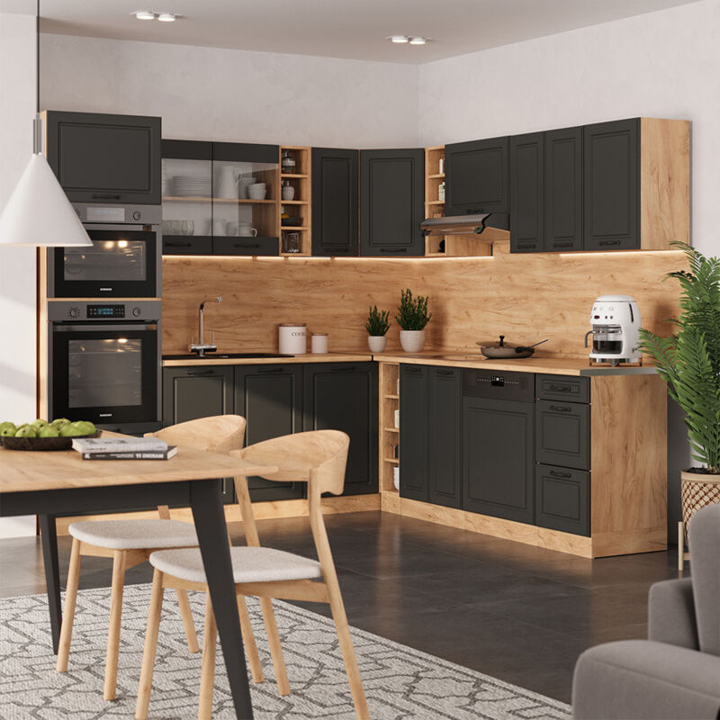 Vicco - Eckküche R-line, Anthrazit Landhaus/goldkraft Eiche, 237 X 247 Cm , Ap Anthrazit