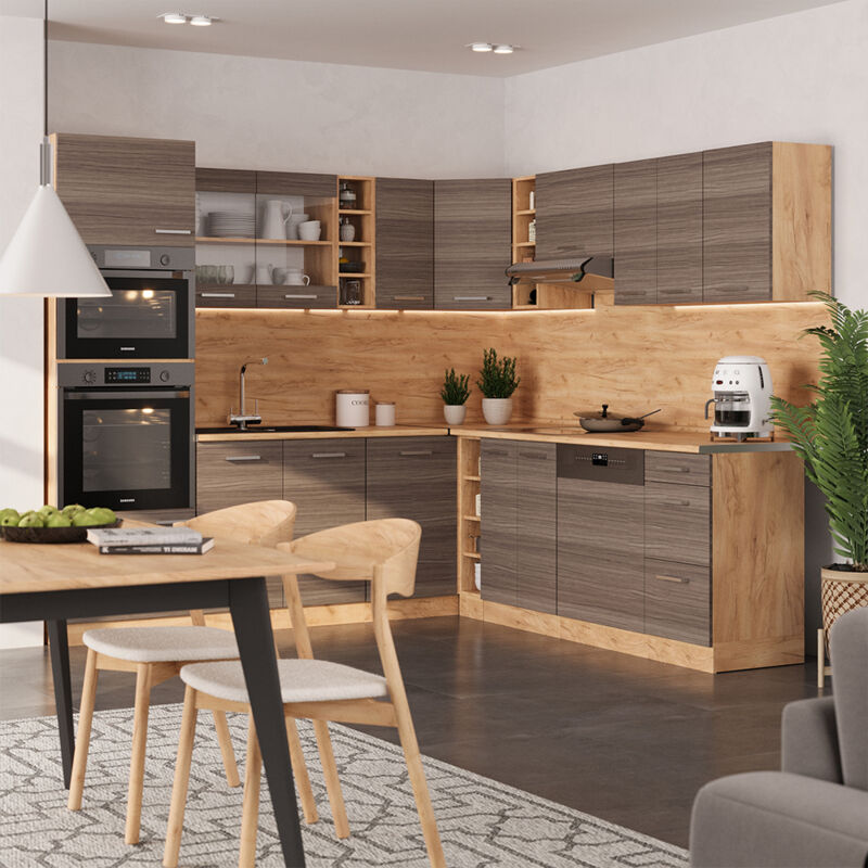 Vicco - Eckküche R-line, Edelgrau/goldkraft Eiche, 237 X 247 Cm , Ap Marmor