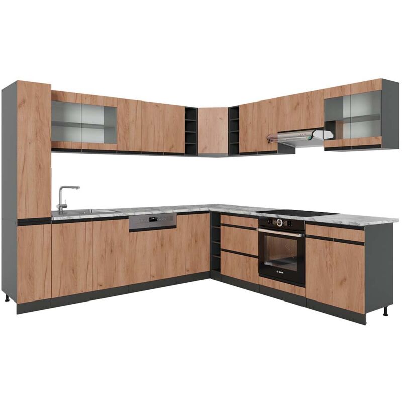 Vicco - Eckküche R-line, Goldkraft Eiche/anthrazit, 257 X 277 Cm J-shape, Ap Marmor