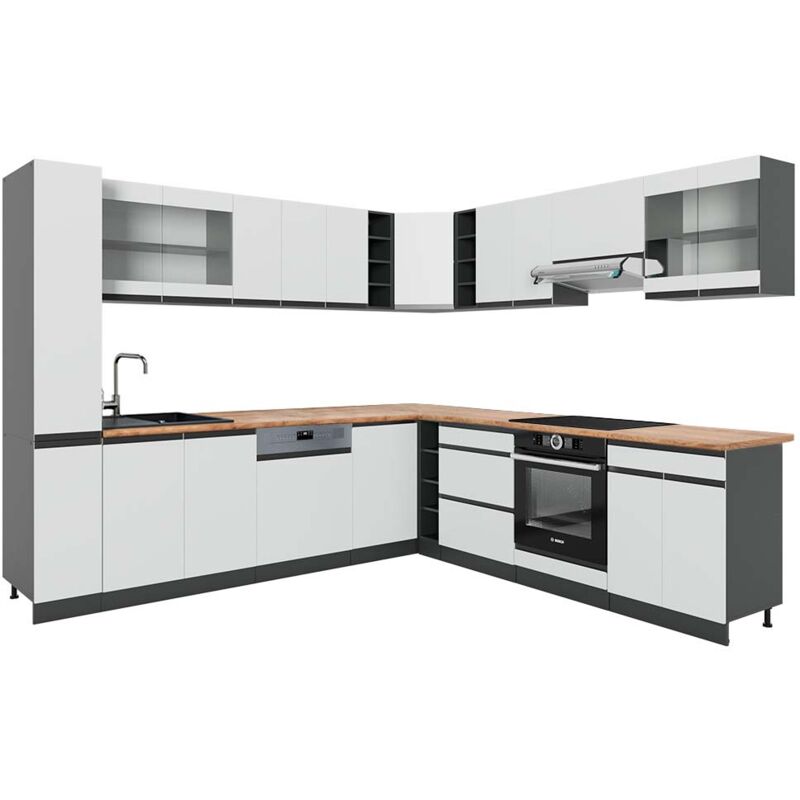 Vicco - Eckküche R-line, Weiß/anthrazit, 257 X 277 Cm J-shape, Ap Eiche