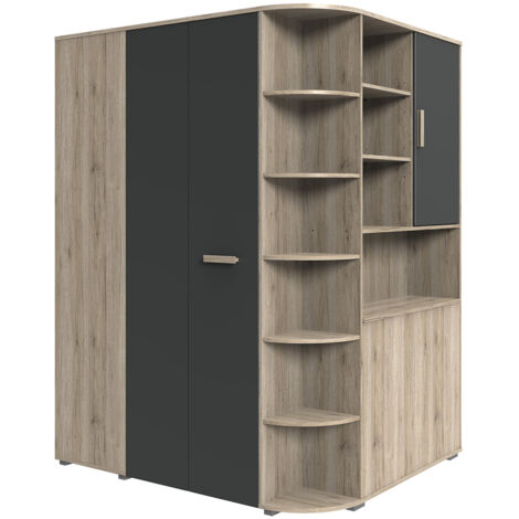 Eckkleiderschrank begehbar mit Bettkasten in Eiche mit graphit CANTON-43