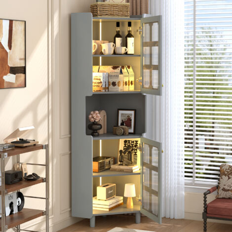 Eckkleiderschrank mit LED-Beleuchtung, App-Steuerung, 3 Zonen, Glastüren, Holz, 63,5 x 157,5 cm, grau