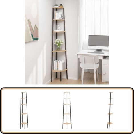 Eckregal mit 5 Böden Hellbraun und Schwarz 45,5x31,5x180 cm - Eckregal - Bücherregal - Regal - Stauraum - Raumsparsamkeit