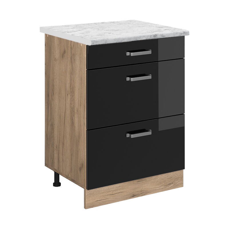 Vicco - Küchenunterschrank R-line, Schwarz Hochglanz, 60 Cm Ap Marmor
