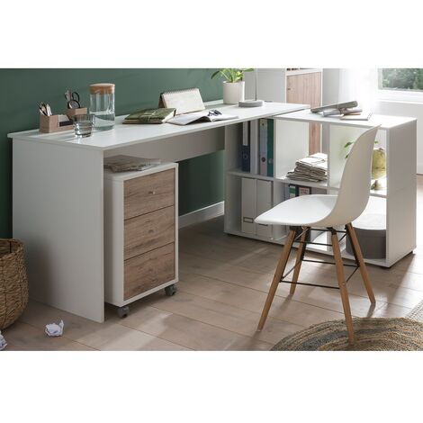 Eckschreibtisch Büro inkl. Rollcontainer BRAGA-80 in weiß mit Wildeiche Nb., B/H/T: ca. 150/73,6/121,6