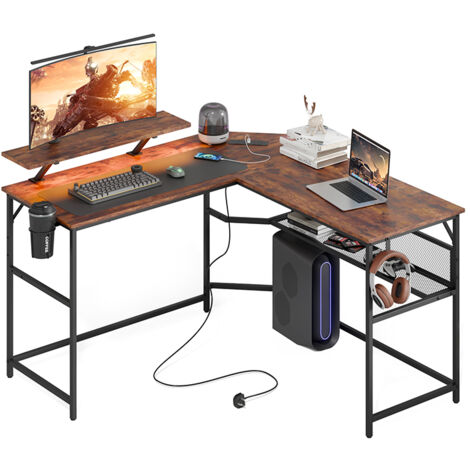 Eckschreibtisch in L-Form, LED-Gaming-Computertisch mit Monitorständer, Braun, Mondeer
