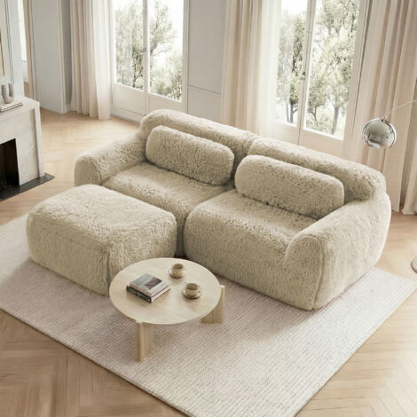 Ecksofa 2 Sitzer, Modular mit Ottomane, Ohne Montage, mit Kissen, Plüschstoff, Hellkhaki