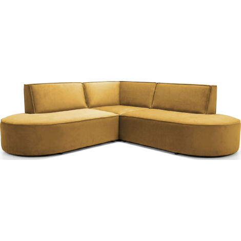 Ecksofa 3-Sitzer im Loft-Stil – Skandi-Design – Universelle L-Form Wohnlandschaft – Freistehend – inkl. 2 Dekokissen - 223 × 223 × 73 cm – Senfgelber Samt