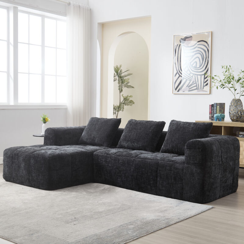 Stilvora Ecksofa 3-sitzer Modulares Loungesofa Mit Chaiselongue Und Seitentaschen, 3 Kissen Chenille Schwarz