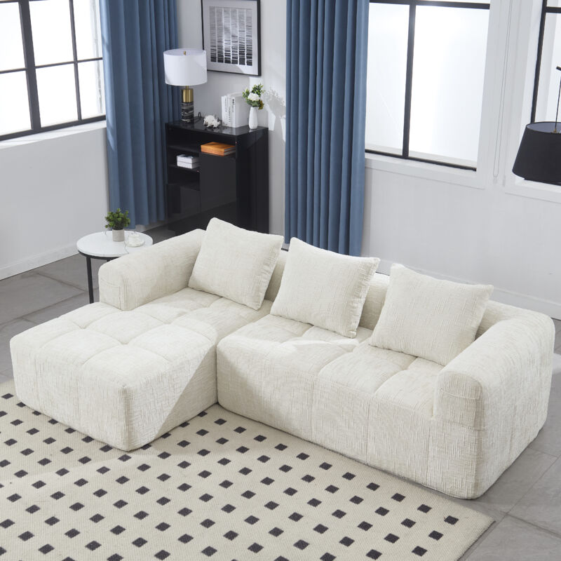 Stilvora Ecksofa 3-sitzer Modulares Sofa Mit Chaiselongue Und Seitentaschen, 3 Kissen Chenille Beige