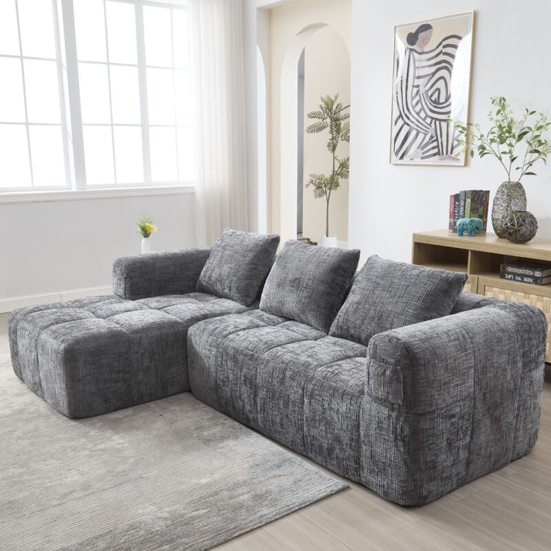 Stilvora Ecksofa 3-sitzer Modulares Sofa Mit Chaiselongue Und Seitentaschen, 3 Kissen, Chenille Grau